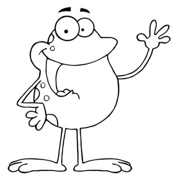 Outlined Frog Cartoon Mascot Character Waving A Greeting
