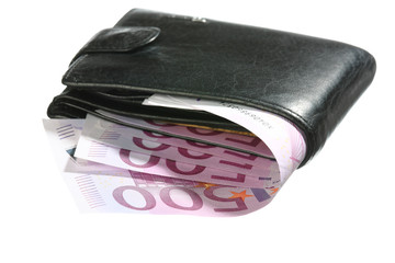 Five-hundredth euro banknotes in black leather wallet