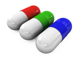 3d different tablets and pills on a white background