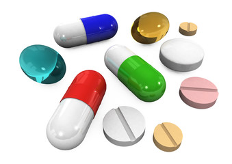 3d different tablets and pills on a white background