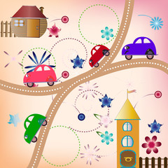 Road with color cars, children's style