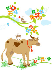 Cute cow and birds in springtime