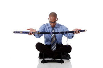 Young handsome African American businessman, sword