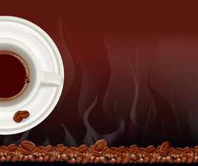 a cup of coffee on a brown background with coffee beans