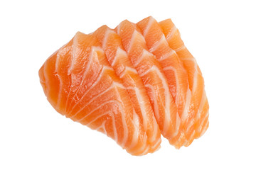 Slices of raw salmon used in sashimi isolated on white - obrazy, fototapety, plakaty