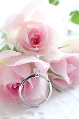 Diamond ring and Pink roses