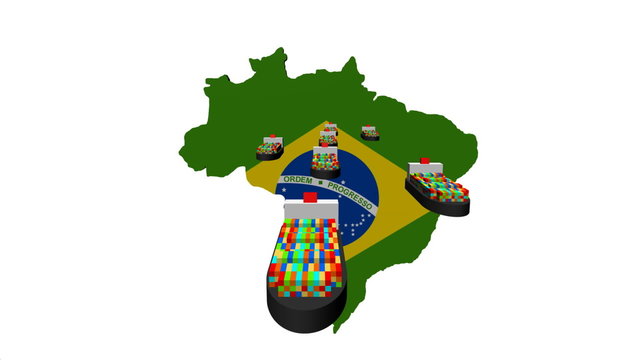 Brazil map flag with fleet of container ships animation