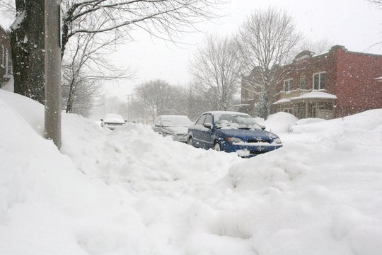 Residential quarter in Quebec City during a snowstorm (blizzard), Quebec, Canada