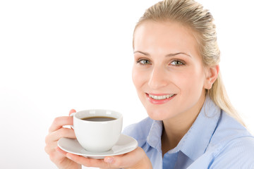 Cheerful young woman with coffee