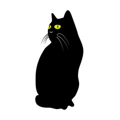 Sitting black cat looking into the distance