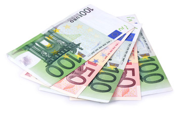 Obraz na płótnie Canvas One Hundred and Fifty Euro Banknotes Isolated with Clipping Path