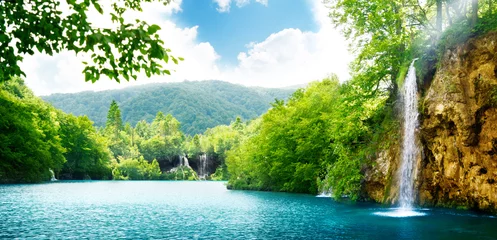 Vlies Fototapete Hellgrün Wasserfall im tiefen Wald