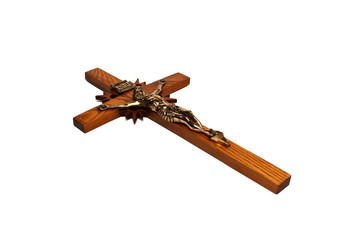 A wooden cross isolated on a white background.