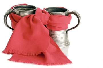 Antique pewter ale tankards with red scarf