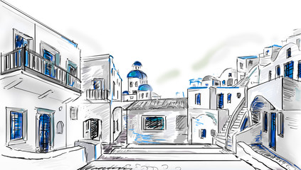 Drawing to the  greek town - obrazy, fototapety, plakaty