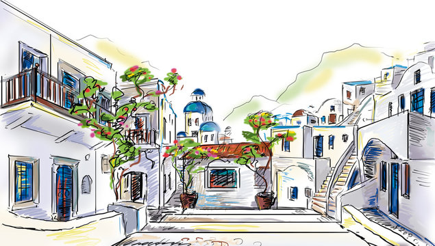 Fototapeta Drawing to the  greek town