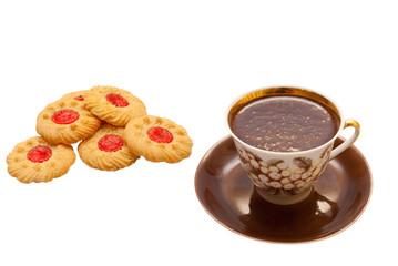 cup of hot chocolate and cookies isolated on white background