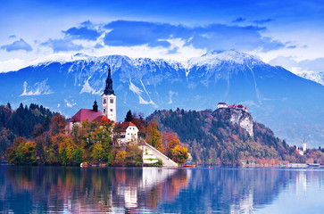 Fototapeta Bled with lake, island,  Slovenia, Europe obraz