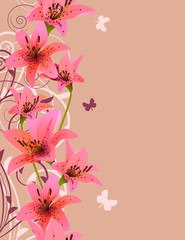 Vertical pink spring background with lilies and flourishes