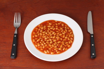 Baked Beans on a Plate with cutlery