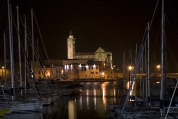 Fototapeta na wymiar Trani, Włochy - Łodzie z katedrą w tle