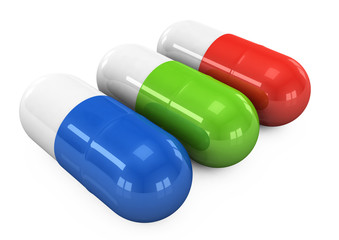3d different tablets and pills on a white background