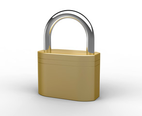 Brass padlock on a white background.