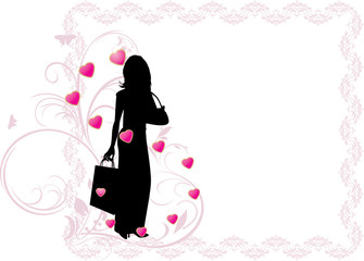Silhouette elegant woman in the decorative frame with hearts