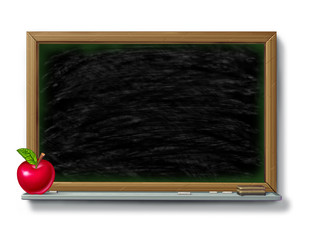 blackboard with red apple and school chalk
