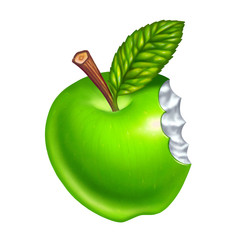 Bite out of green apple isolated on white background