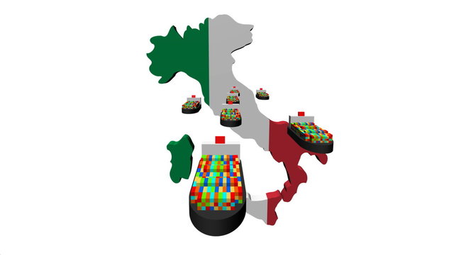 Italy map flag with fleet of container ships animation