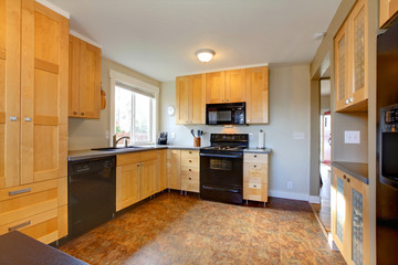 Maple cabinets in modern kitchen with brown walls