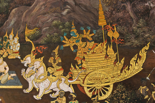 Masterpiece of traditional Thai style painting art  on temple wa