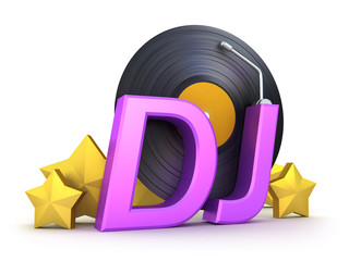 dj word with vinyl and stars isolated on white