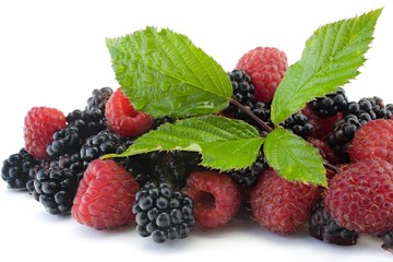 raspberries and blackberries on white background