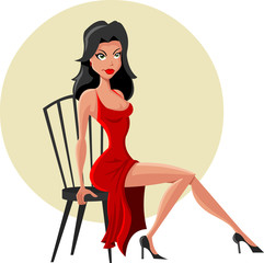 Beautiful cartoon woman seated on chair wearing red dress