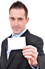 Young business man showing off his blank business card