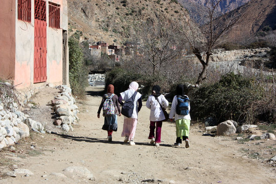 Moroccan Little Girls Walking To School