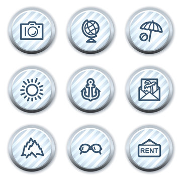 Travel web icons set 5, stripped light blue circle buttons