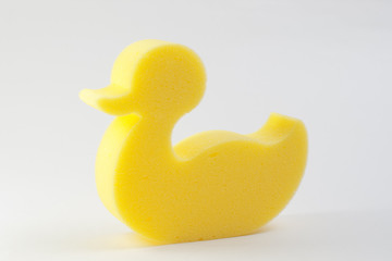 Yellow duck sponge against white background