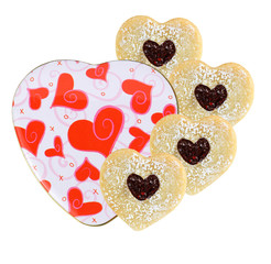 heart-shaped metal box with delicious cookies