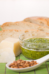 Pesto, parmesan,pine nuts and bread