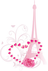 Pink rose with heart and Eiffel tower. Holiday composition