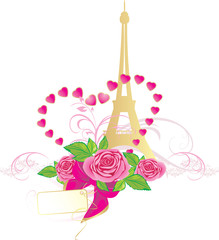 Bouquet of pink roses and Eiffel tower. Holiday composition