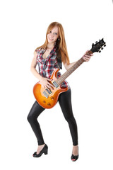 Fototapeta premium Cute girl with electric guitar isolated