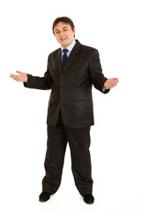 Welcome! Friendly young businessman inviting to cooperation