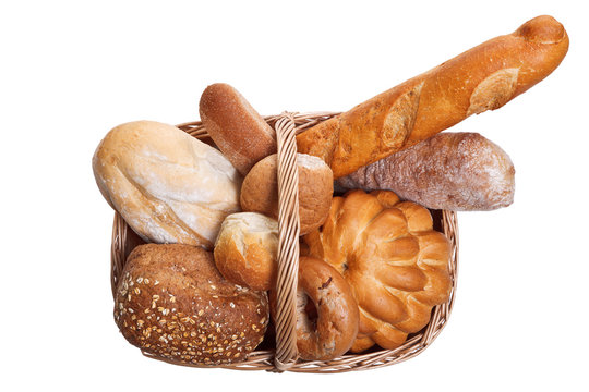 Assortment of bread in basket isolated