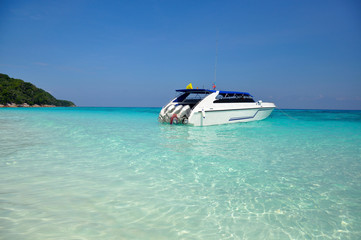Motor boats on turquoise water of Indian Ocean
