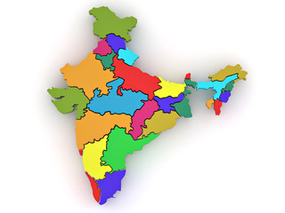 Three-dimensional map of India on white isolated background