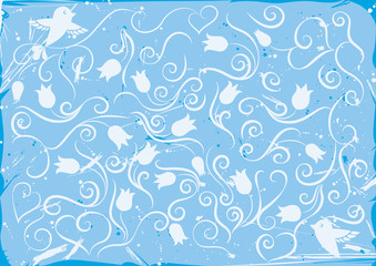 Fototapeta premium Pattern with flowers and birds in blue